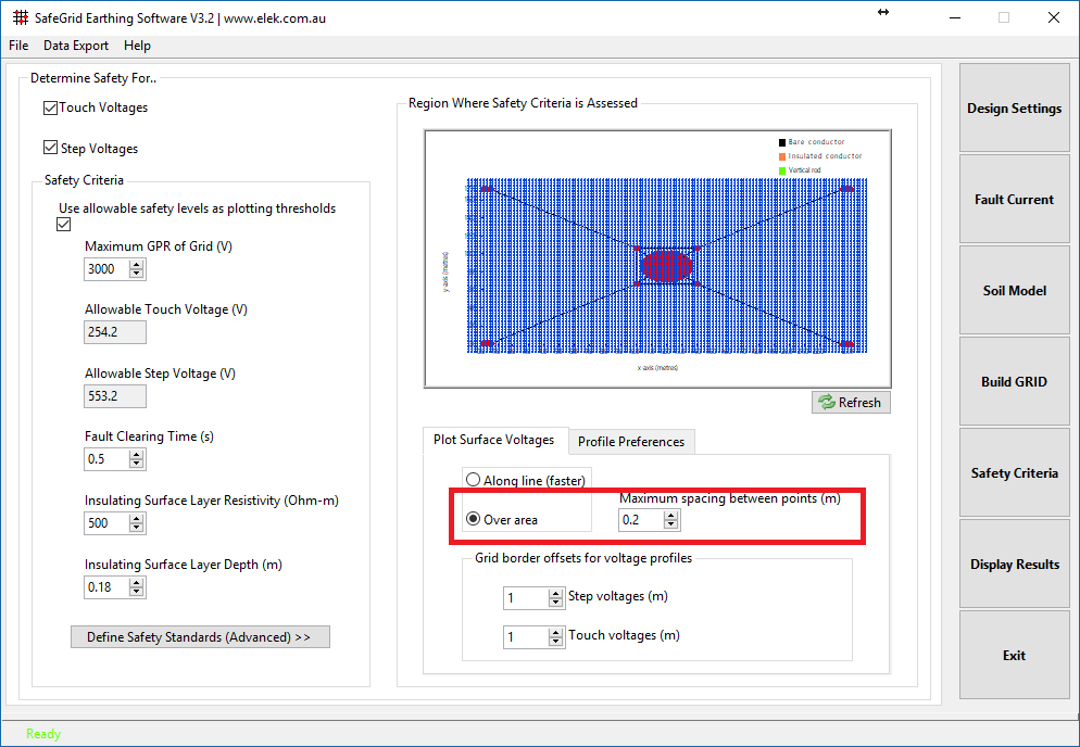 Figure 7. Setting surface voltage plot locations under Safety Criteria.