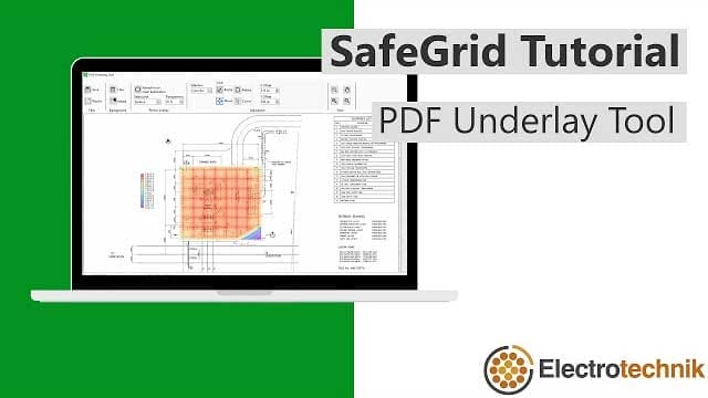 Laptop screen displaying a SafeGrid tutorial titled "PDF Underlay Tool" by Electrotechnik.