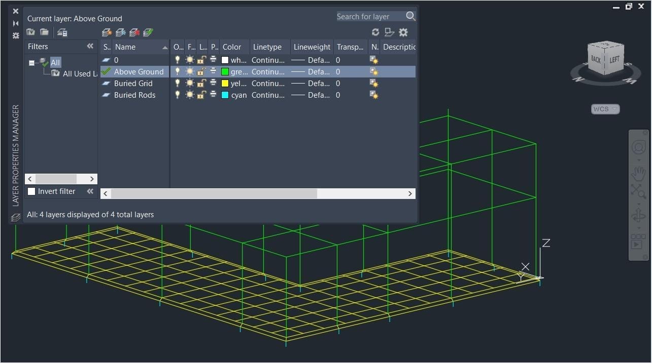 Figure 1 – Earthing system are within unique layers in AutoCAD