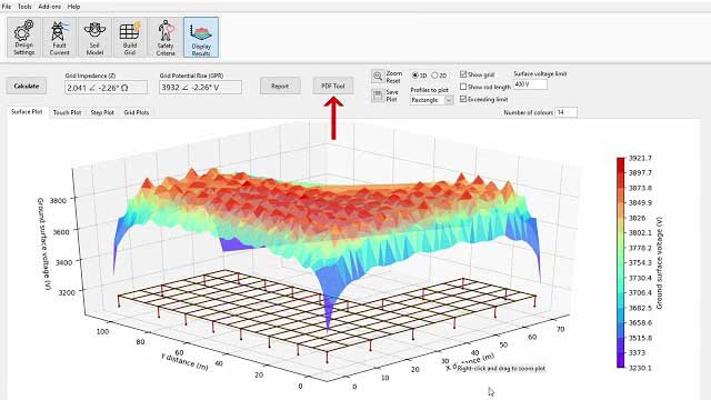 3D graph of a surface plot with color gradient from blue to red, showing data variations. Menu options and buttons are visible at the top.