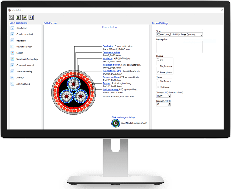 Schermo di un computer che visualizza uno schema elettrico generato da un software per i cavi delle energie rinnovabili.