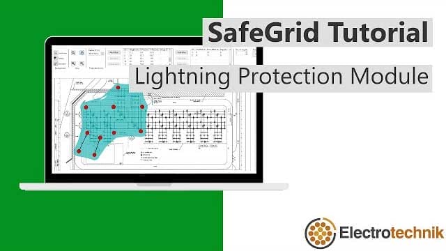 Laptop displaying a technical diagram with the text "SafeGrid Tutorial Lightning Protection Module" and "Electrotechnik" logo.