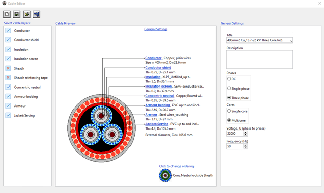 A screen shot of a computer screen displaying an electrical diagram of cables in a substation.