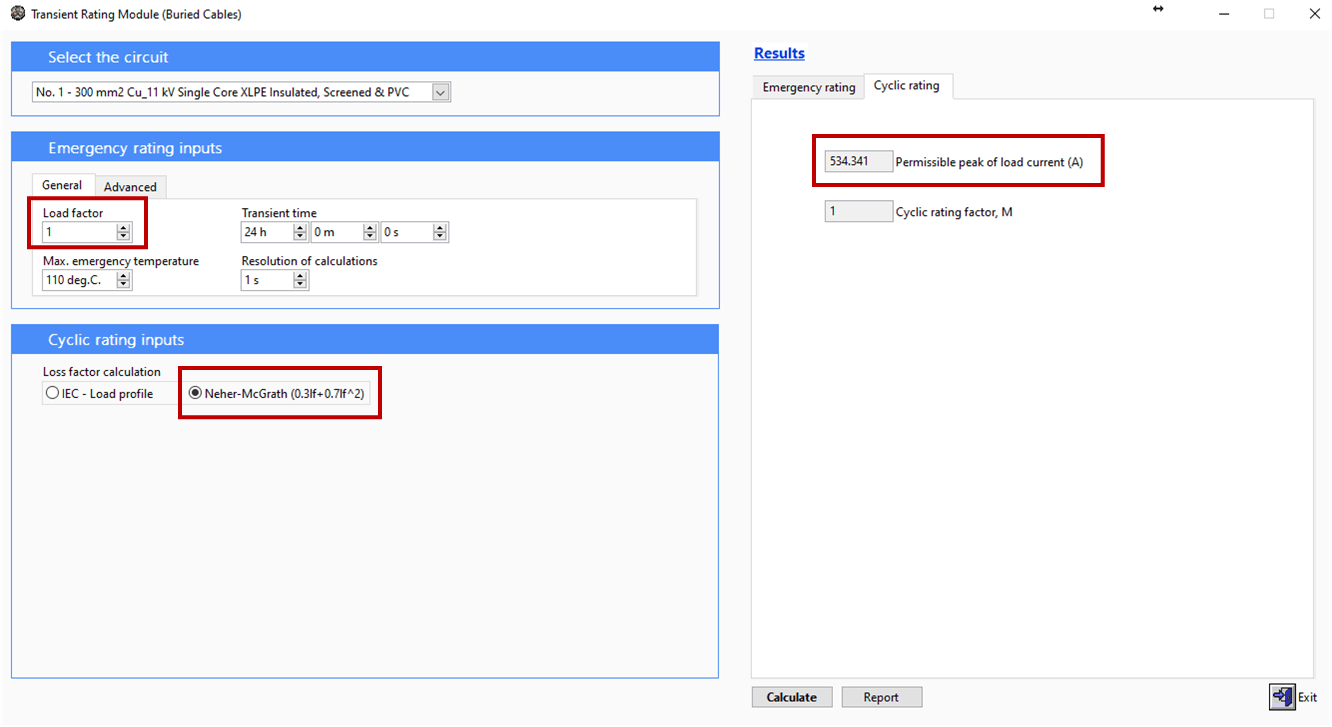 Figure 3 – Load factor of 1 - Cable HV Software