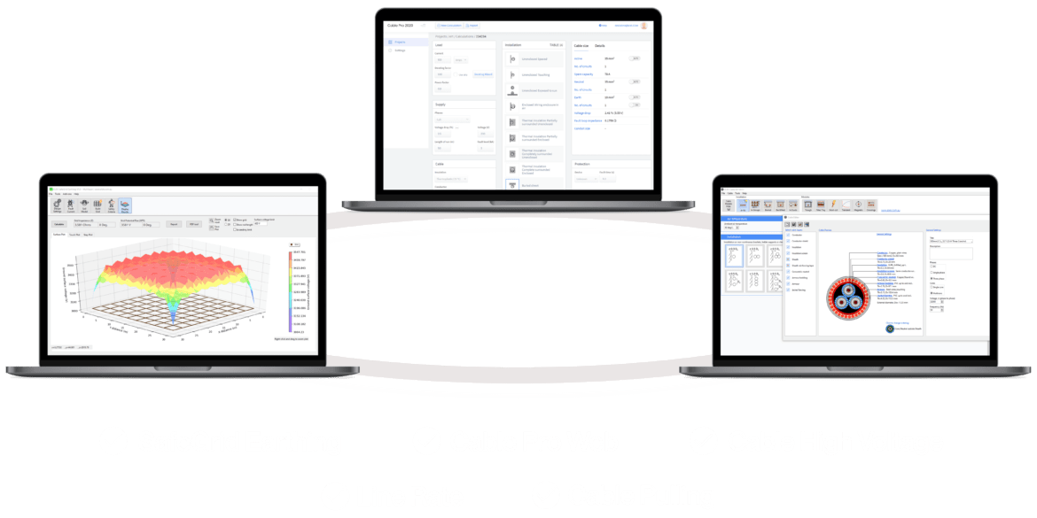 Quatre ordinateurs portables avec différents écrans affichant des données électriques.