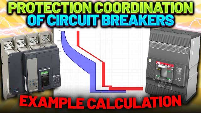 Image showing two circuit breakers on either side with a graph in the center. Text reads: "Protection Coordination of Circuit Breakers, Example Calculation.