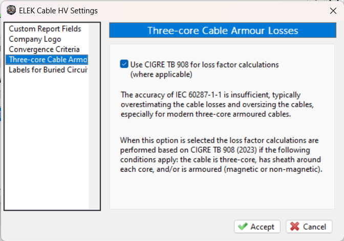 A screen showing the three core cable armor settings.
