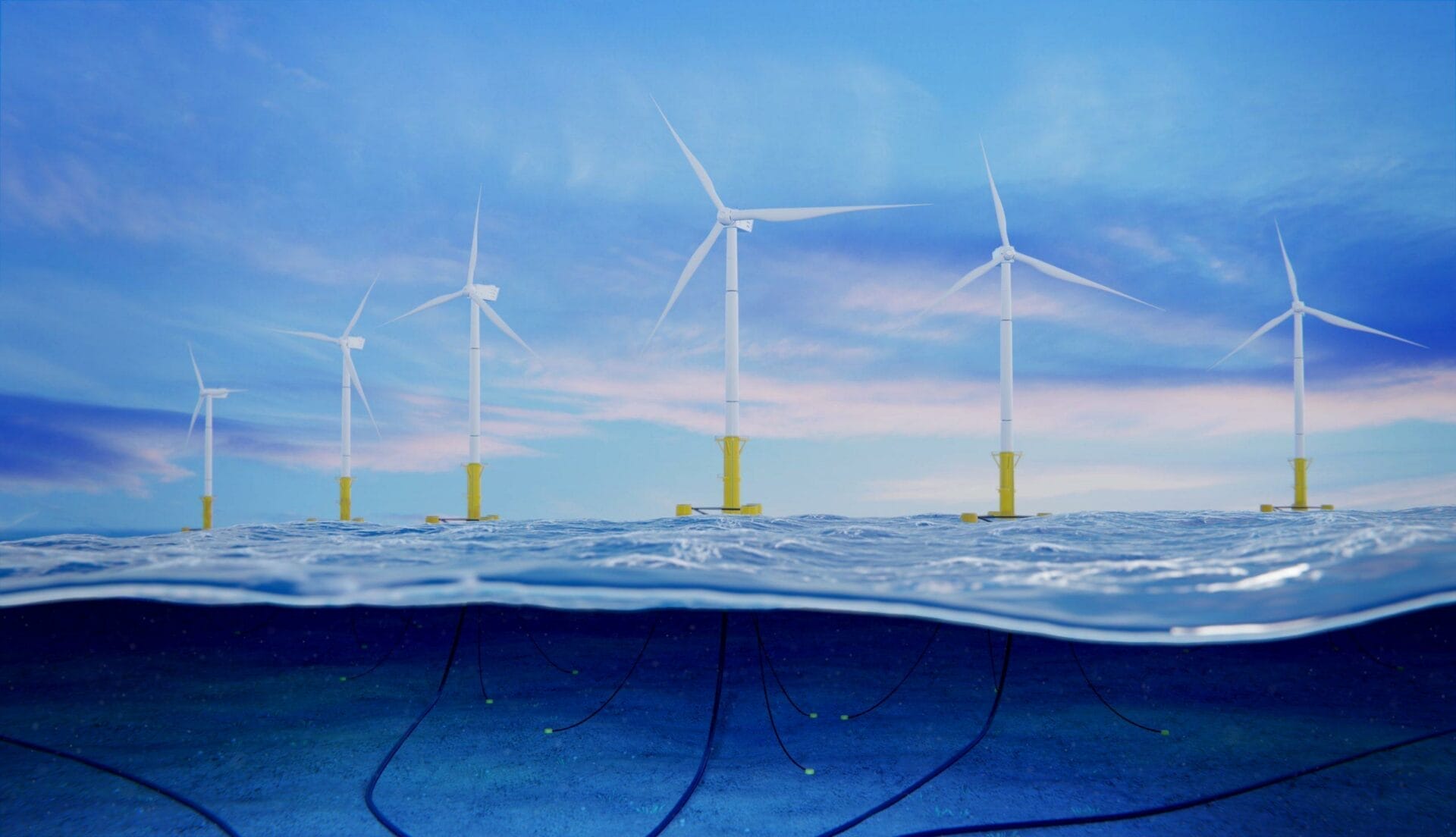 Offshore wind farm with several turbines above water and underwater cables visible, set against a calm sea and a partly cloudy sky.