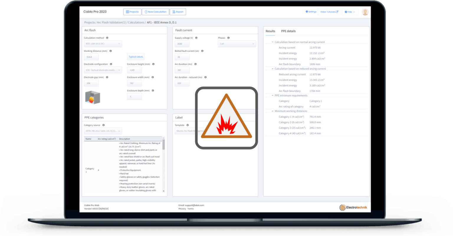 A laptop with a fire alarm icon on it, featuring a cable sizing calculator function.
