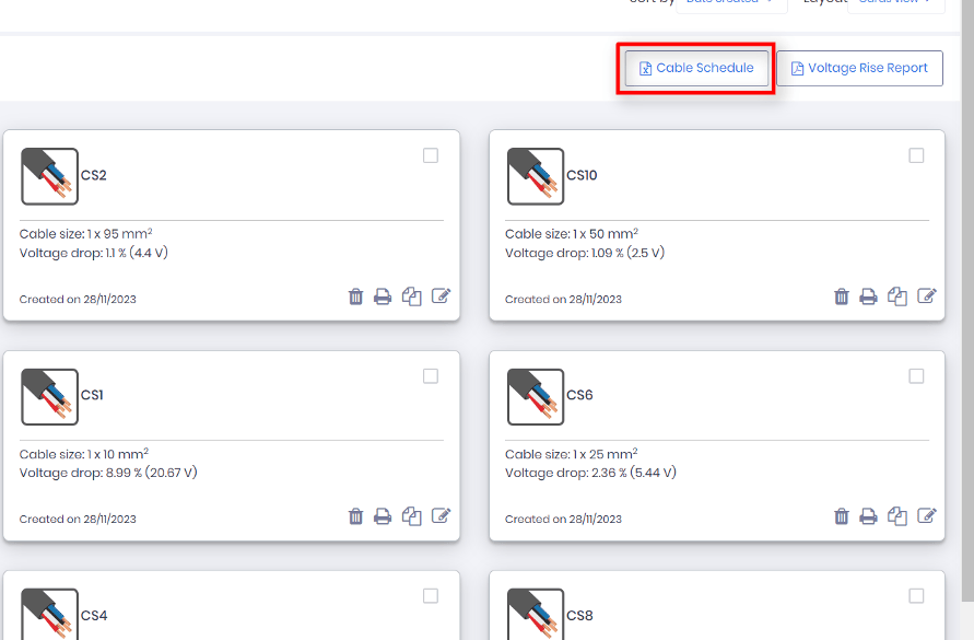 A screenshot of cable sizing calculation software to generate a cable schedule report.