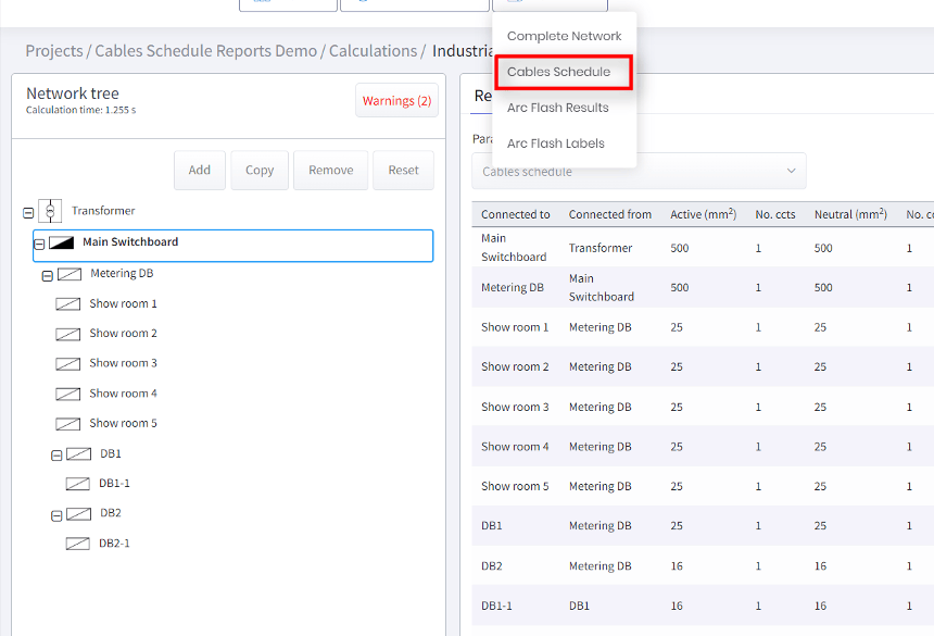 A screenshot of cable sizing calculation software to generate a cable schedule report in a low voltage electrical network.