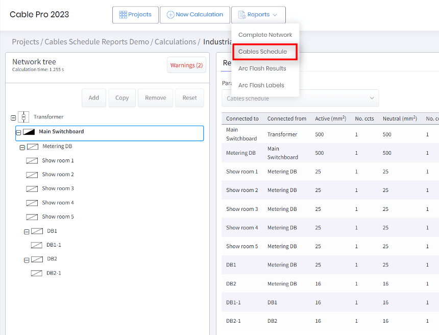 A screenshot of cable sizing calculation software to generate a cable schedule report in a low voltage electrical network.
