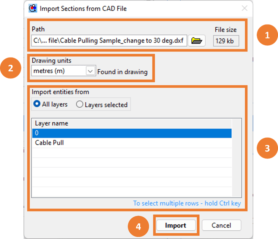 Import sections from cad file.