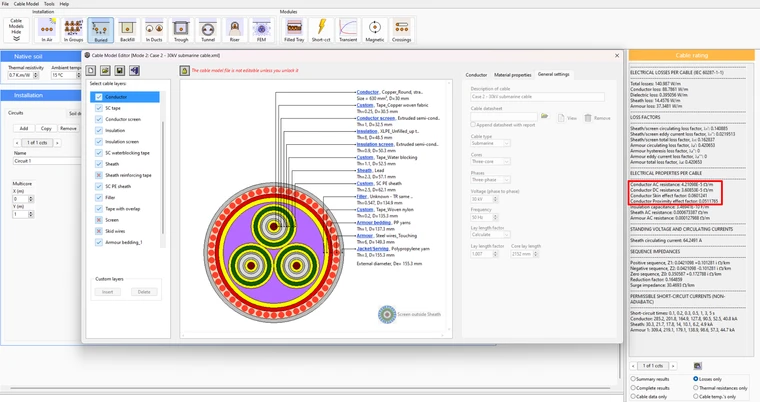 Figure 2: Example 2 results calculated using ELEK Cable HV Software
A computer screen showing a diagram of a circle.