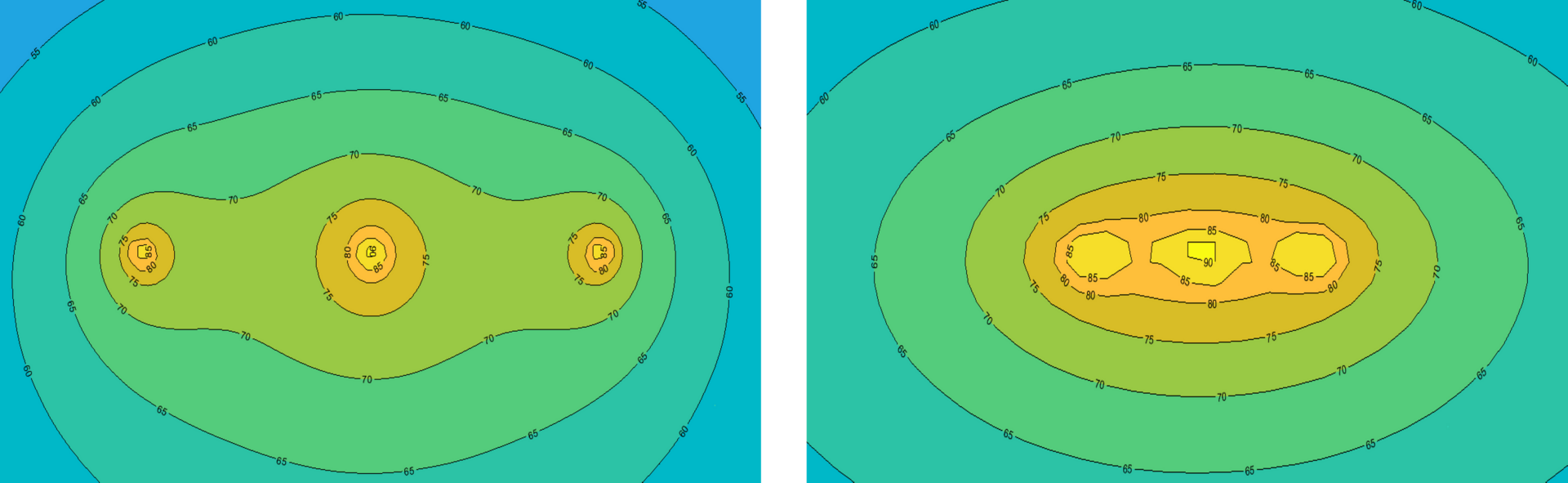 Figure 11: Heat fluxes for a buried circuit in a flat configuration
Two different diagrams of a sphere and a circle.