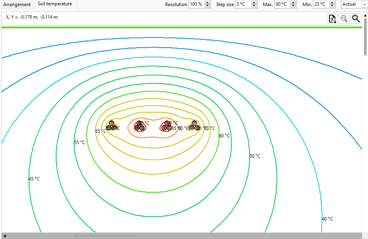 Figure 16: Multiple buried identical trefoil circuits - soil temperature plot
A screen shot of a computer screen showing a map of the earth.