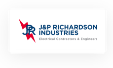 Logo of J&P Richardson Industries featuring red and blue initials "JR" with the full name and the tagline "Electrical Contractors & Engineers, Cable Sizing Calculator.