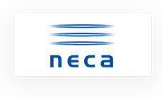 Logo featuring the word "neca" in lowercase blue letters under three horizontal blue lines with a gradient effect on a gray background, representing a cable sizing calculator.