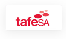 Logo of TAFE SA featuring red text and three stylized red paw prints above the lettering, including a cable sizing calculator icon.