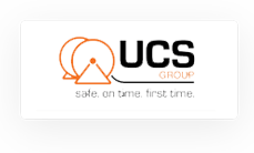 Logo of UCS Group featuring an abstract orange design, with the text "UCS Group" and the slogan "safe. on time. first time." on a grey background, including a cable sizing calculator