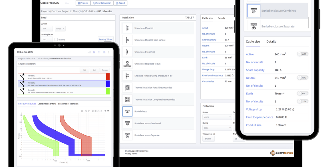 A laptop, tablet, and smartphone display cable sizing software with various graphs, tables, and settings for cable installation and protection.