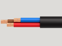 Close-up of a three-core electrical cable with exposed copper wires. The wires are colored brown, blue, and red, encased in a black outer sheath.