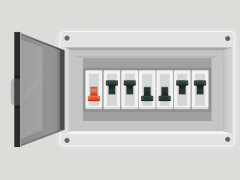 An open electrical panel with six circuit breakers inside, one marked in red and the rest in black.
