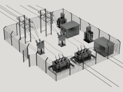 Image of an electrical substation enclosed by a chain-link fence with transformers and power lines connected to towers and equipment.
