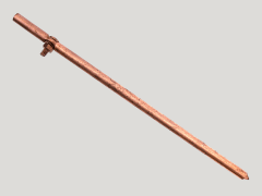 A copper ground rod with a clamp attached, used for grounding electrical systems.