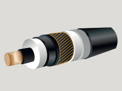 Cross-sectional illustration of an electrical cable, showing various layers including insulation, shielding, and conductors.