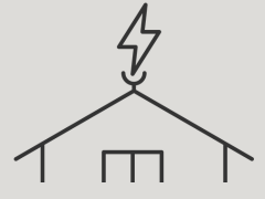 Simple drawing showing a lightning bolt above a building with three lines at the bottom, likely representing a structure with an electrical or energy-related theme.