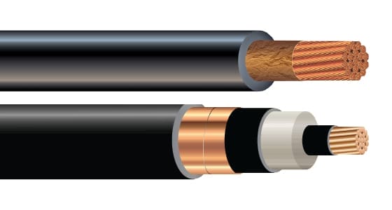 Illustration of two electrical cables: one with a single copper conductor and the other with multiple layers including insulation, shielding, and a copper conductor.