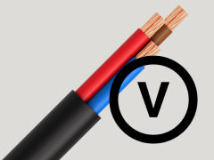 Image of three exposed colored electrical wires (red, blue, and brown) emerging from a black casing with a circular "V" symbol to the right.