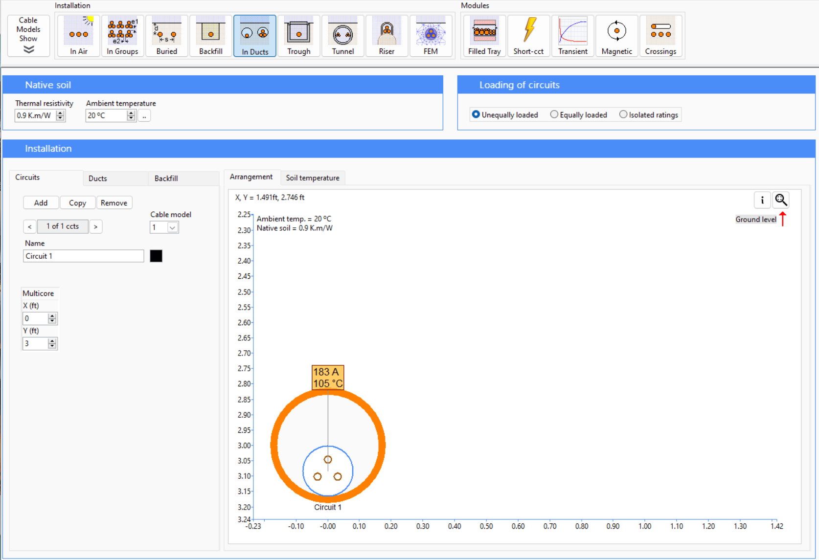 Figure 5. Buried cables in duct with ambient temperature of 20o C and thermal resistivity of 0.9 K.m/W
Screenshot of electrical cable installation software showing circuit setup details, including visuals for thermal environment and current load with a highlighted ground level symbol on the right.