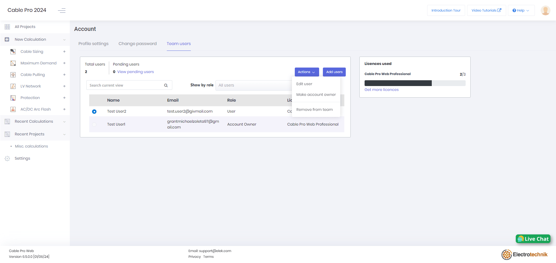 Screenshot of ELEK Cable Pro Web software team account feature