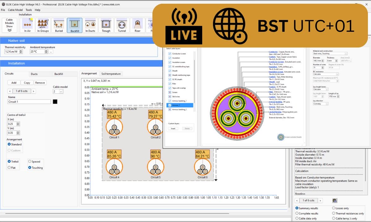 A software interface displays technical diagrams and data, including circuit arrangements and temperature settings. A banner indicates a live session with the text "BST UTC+01".
