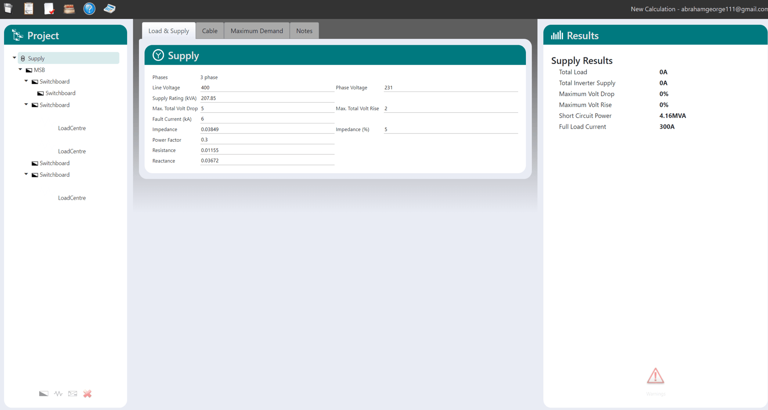 Screenshot of an electrical calculation software interface showing project details, supply information, and supply results including total load current, maximum voltage drop, and short circuit power.