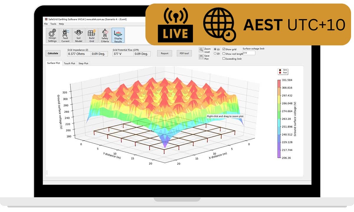شاشة كمبيوتر محمول تعرض رسمًا بيانيًا ثلاثي الأبعاد للرسم السطحي في برنامج علمي. يظهر مؤشر التوقيت AEST UTC+10 لجلسة مباشرة في الأعلى.
