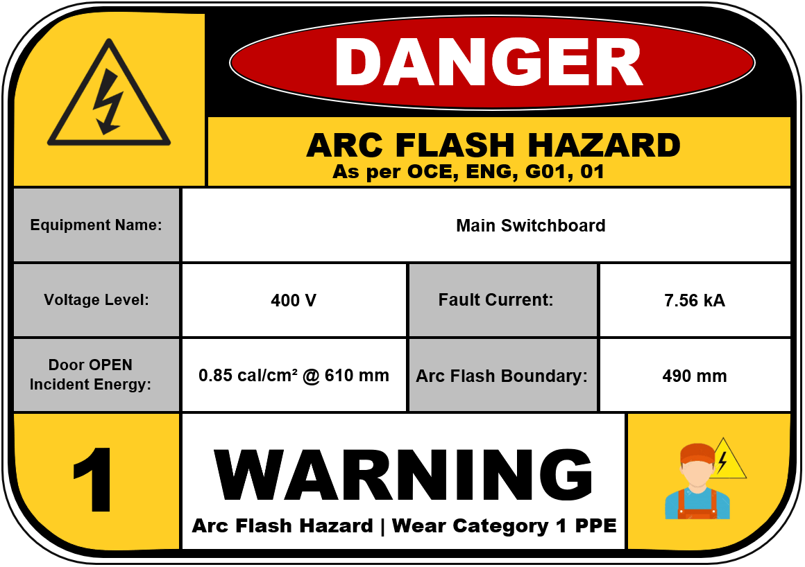 Warning sign for an arc flash hazard on a main switchboard with 400V voltage, 7.56 kA fault current, 0.85 cal/cm² incident energy, and a 490 mm arc flash boundary. PPE Category 1 required.