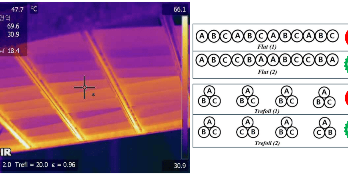 Infrared image of cable tray showing temperature gradients with adjacent diagrams labeled Flat (1), Flat (2), Trefoil (1), Trefoil (2), and check or crossmarks indicating status.