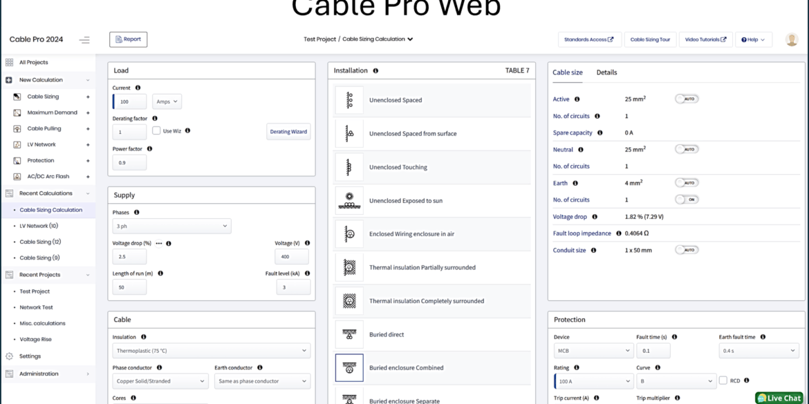 Screenshot of cable sizing calculator software named Cable Pro Web