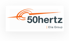Logo del Gruppo 50Hertz Elia caratterizzato da una voluta arancione e da un testo su sfondo grigio.