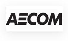 Logo AECOM in testo nero su sfondo bianco con bordo grigio.