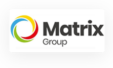 Logo del Gruppo Matrix con simbolo circolare multicolore a sinistra e testo nero in grassetto su sfondo grigio.