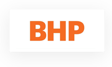 BHP logo with orange letters on a white rectangle, set against a gray background.