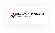 Logo di Prysmian Cables &amp; Systems caratterizzato da linee stilizzate che formano una &quot;P&quot; a sinistra, con il nome della società in testo nero e rosso su sfondo bianco.