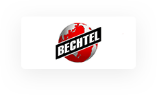 赤とグレーの地球儀に黒の太字で「BECHTEL」の文字を斜めに配したロゴ。