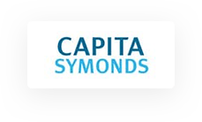 Logo avec le texte "CAPITA SYMONDS" en bleu sur fond de rectangle blanc, centré dans un rectangle gris arrondi.