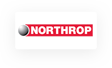 Northrop" en blanc gras sur fond rouge avec bordure grise, avec une sphère argentée à gauche.