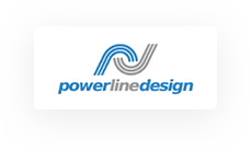 Logo with wavy blue and gray lines above the text "powerline design" in blue lowercase letters.